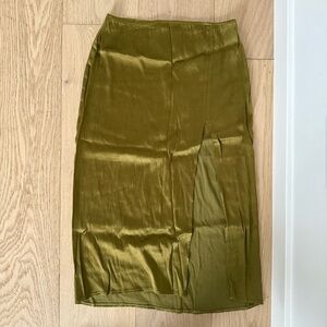 Zara Olive Green Satin Midi Skirt With Slit Size L